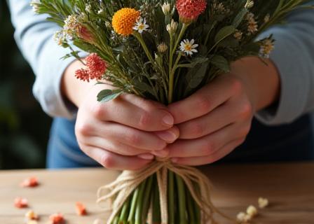 A florist using biodegradable materials to wrap a bouquet