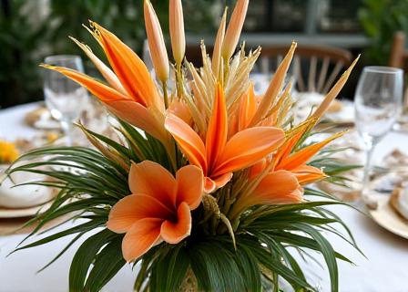An elegant wedding table setting featuring proteas and palm leaves