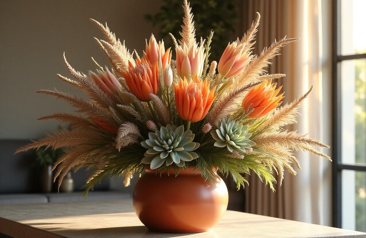 Stunning desert-themed floral arrangement with proteas and succulents